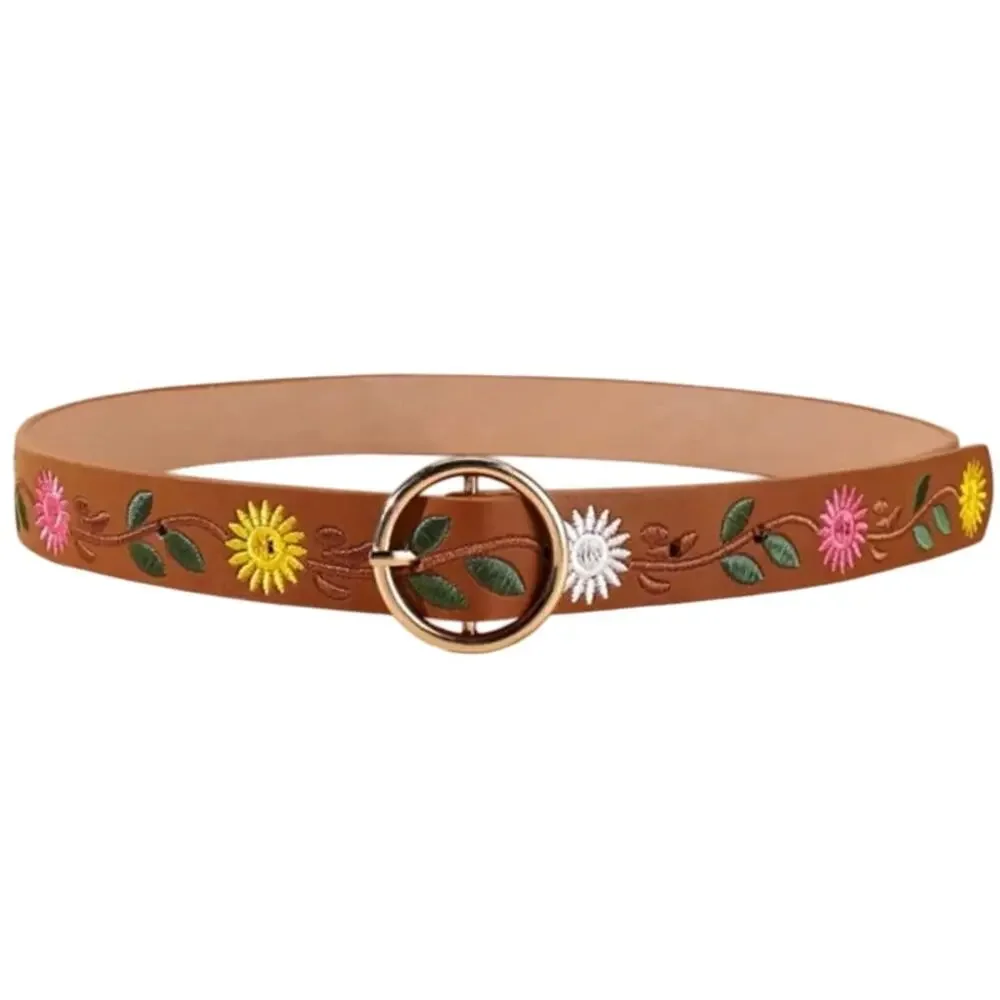 Belt Camel Tan Floral Embroidery Flowers Vegan Leather 31